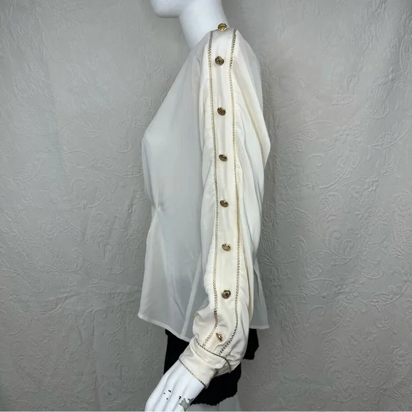 Lillie Rubin x Adrianna Papell Silk VTG Gold Trim Sleeve Button Blouse - Picture 5 of 14